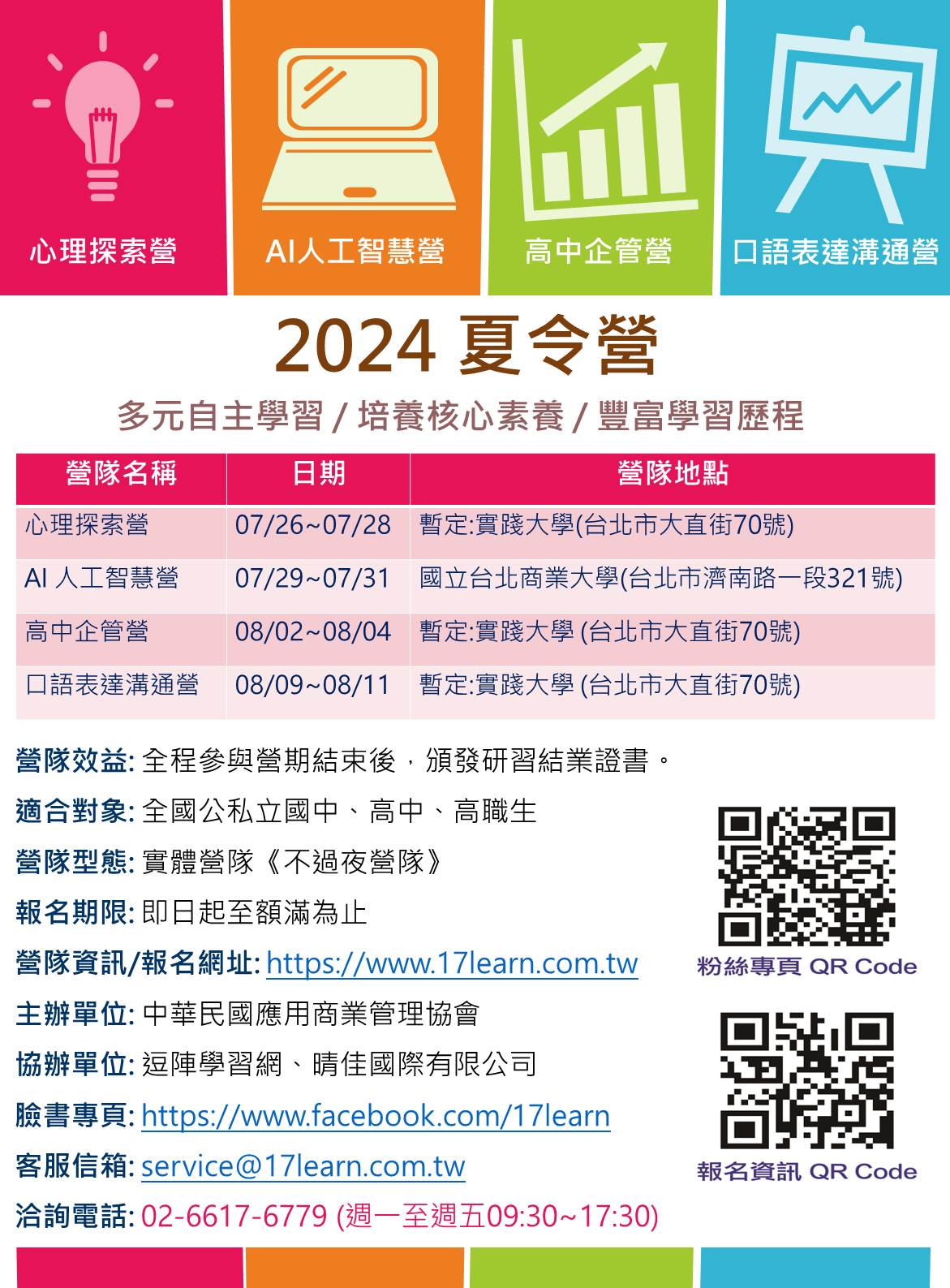 一、活動宗旨:經由營隊活動獲得探索並發掘自我專長並激發學生的學習動機,以便達到適性發展與多元自主學習的目標,同時更能豐富個人多元學習歷程,在面臨大學科系選擇時更能夠目標清楚,志向明確。 二、營隊名稱:「心理探索營」、「AI人工智慧營」、「高中企管營」、「口語表達溝通營」。 三、營隊效益:協助發展核心素養,強化學習動機。全程參與課程結束後,並頒發主辦單位所頒發的研習證明。 四、適合對象:全國公私立國中、高中、高職學生 五、報名日期:即日起至額滿為止。 六、營隊型態:實體不過夜營隊 七、主辦單位:中華民國應用商業管理協會 八、協辦單位:逗陣學習網、晴佳國際有限公司 九、營隊訊息及報名網址: https://www.17learn.com.tw 十、如有任何問題,歡迎來信課程服務中心洽詢: service@17learn.com.tw